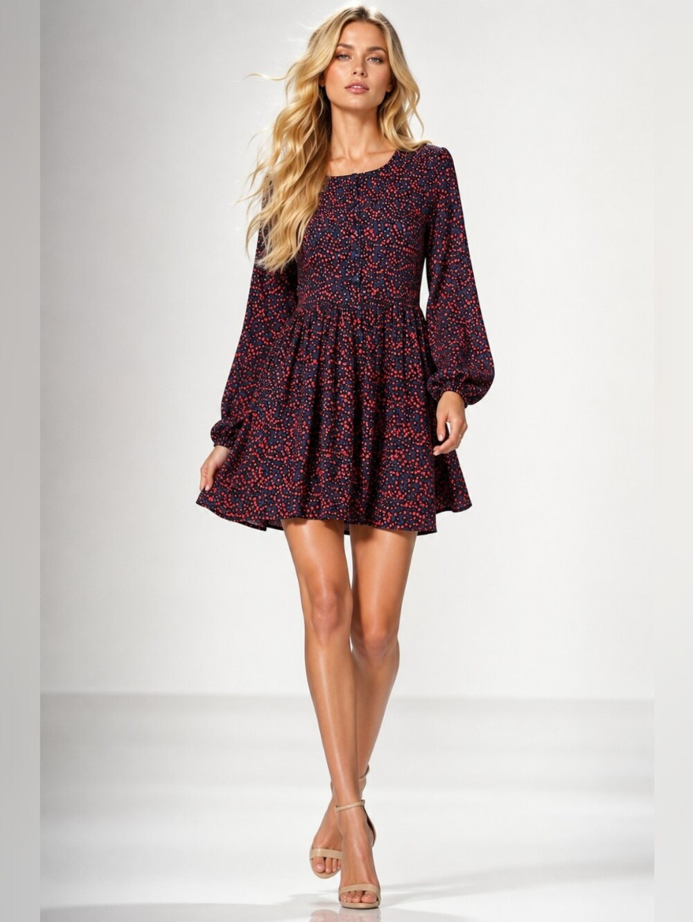 Brass & Roe Floral Button Front Dress Navy Red Medium